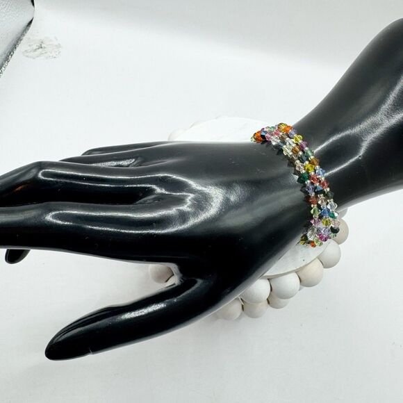 Colorful Rainbow Bicone Crystal Bead Triple Strand Bracelet Sterling Silver - Picture 4 of 8